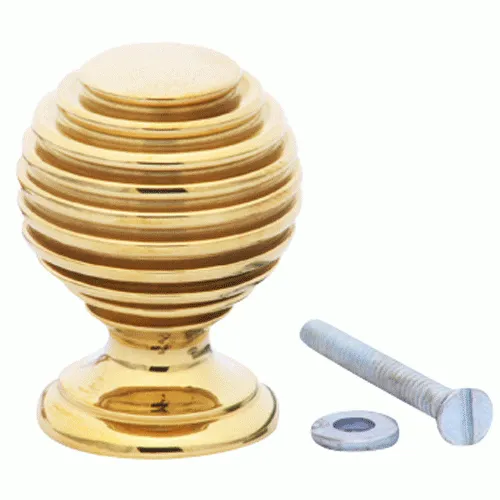 1 3/8 Inch Solid Brass Art Deco Round Knob (Lacquered Brass Finish)