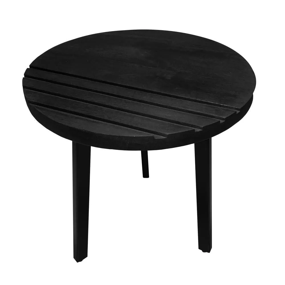 18 Inch Round Mango Wood Side End Table, Grooved Design, Metal Legs, Black By The Urban Port