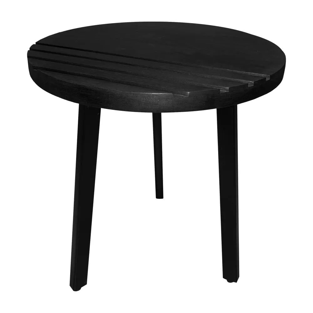 18 Inch Round Mango Wood Side End Table, Grooved Design, Metal Legs, Black By The Urban Port