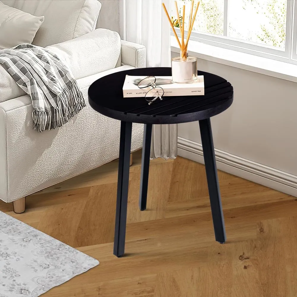 18 Inch Round Mango Wood Side End Table, Grooved Design, Metal Legs, Black By The Urban Port