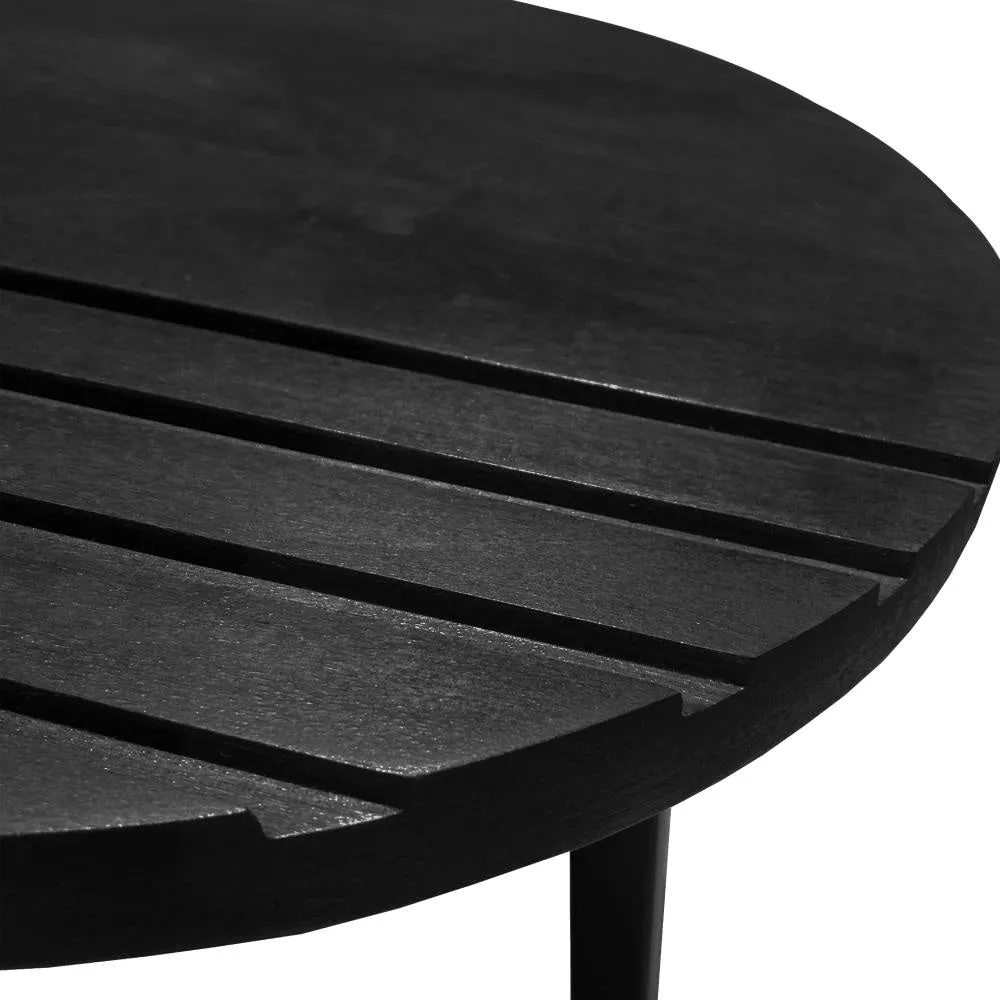 18 Inch Round Mango Wood Side End Table, Grooved Design, Metal Legs, Black By The Urban Port