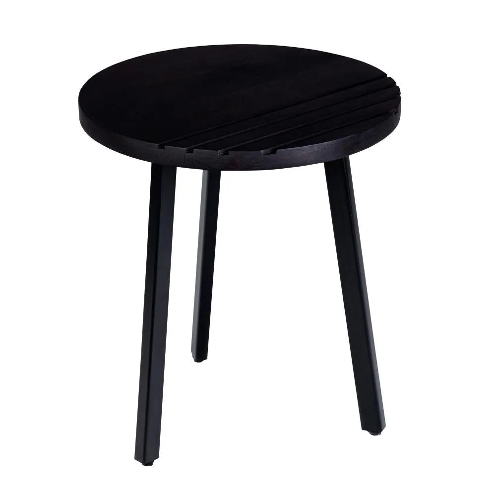 18 Inch Round Mango Wood Side End Table, Grooved Design, Metal Legs, Black By The Urban Port
