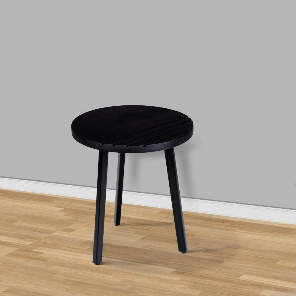 18 Inch Round Mango Wood Side End Table, Grooved Design, Metal Legs, Black By The Urban Port