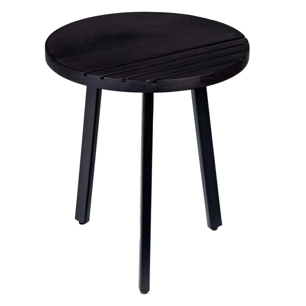 18 Inch Round Mango Wood Side End Table, Grooved Design, Metal Legs, Black By The Urban Port