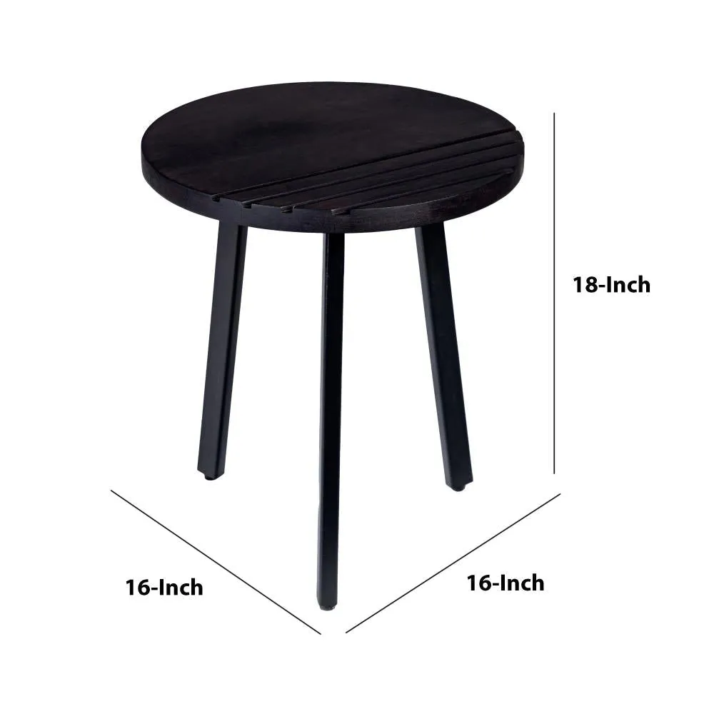 18 Inch Round Mango Wood Side End Table, Grooved Design, Metal Legs, Black By The Urban Port