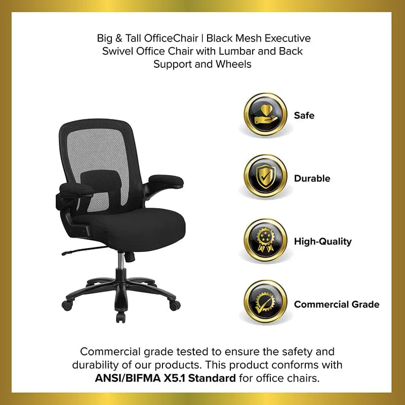 Big & Tall Office Chair | Black Mesh Executive Swivel Office Chair with Lumbar and Back Support and Wheels [BT-20180-GG]