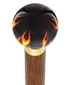 Burst of Flames Black Round Knob Cane w/ Custom Color Ash Shaft & Collar