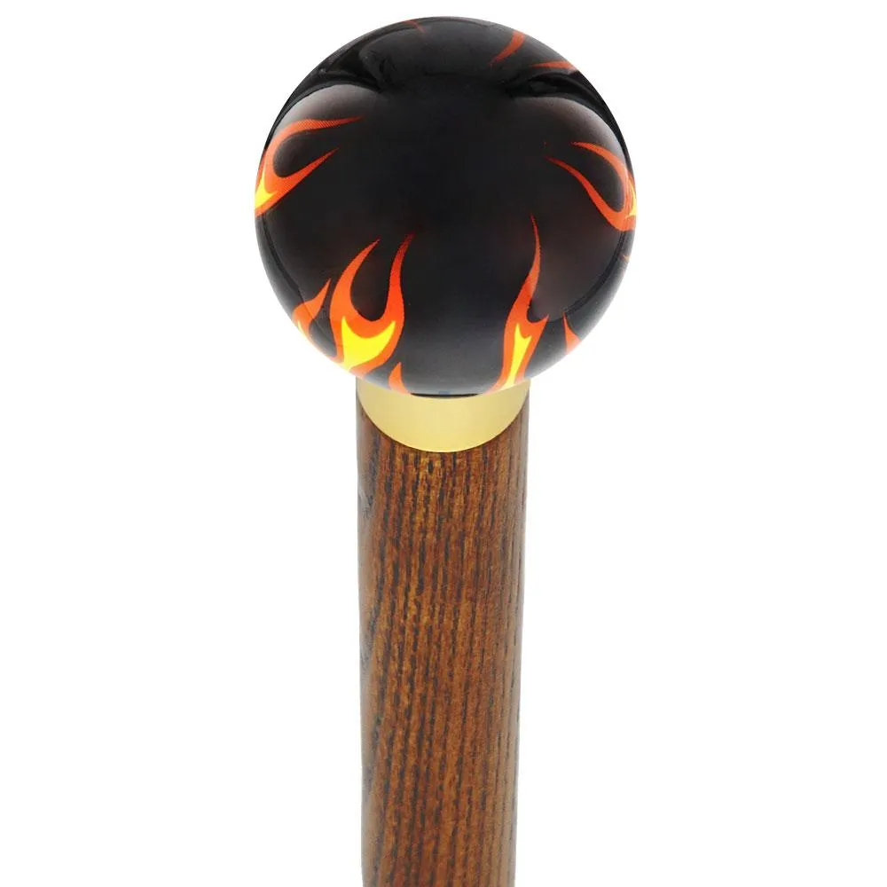Burst of Flames Black Round Knob Cane w/ Custom Color Ash Shaft & Collar