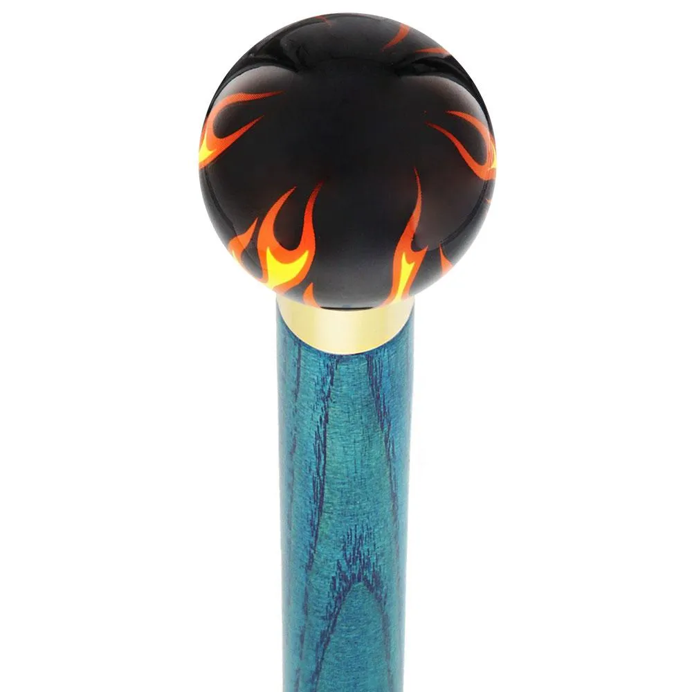 Burst of Flames Black Round Knob Cane w/ Custom Color Ash Shaft & Collar