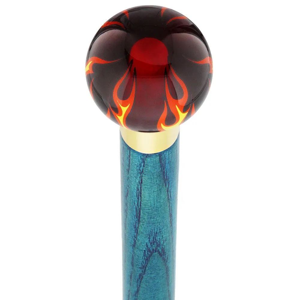 Burst of Flames Red Transparent Round Knob Cane w/ Custom Color Ash Shaft & Collar