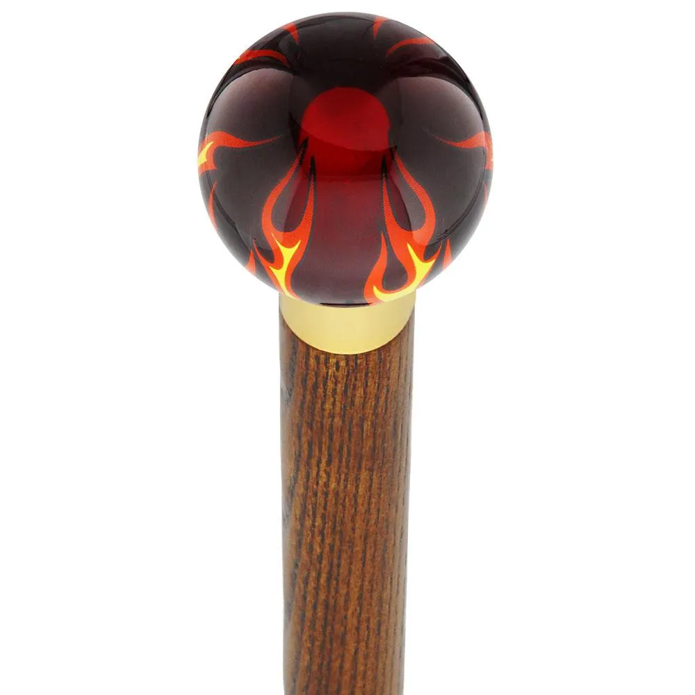 Burst of Flames Red Transparent Round Knob Cane w/ Custom Color Ash Shaft & Collar