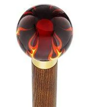 Burst of Flames Red Transparent Round Knob Cane w/ Custom Color Ash Shaft & Collar