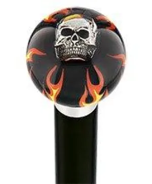 Fire & Brimstone Skull Black Round Knob Cane w/ Custom Wood Shaft & Collar