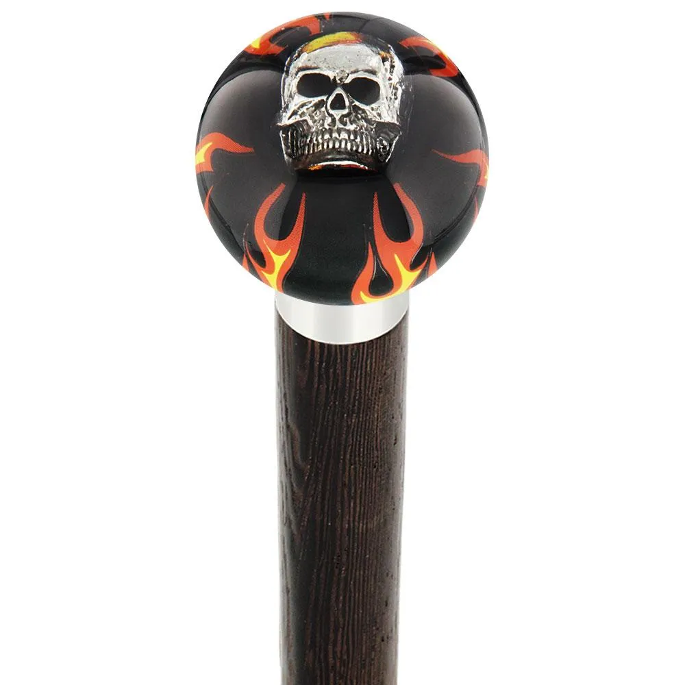 Fire & Brimstone Skull Black Round Knob Cane w/ Custom Wood Shaft & Collar