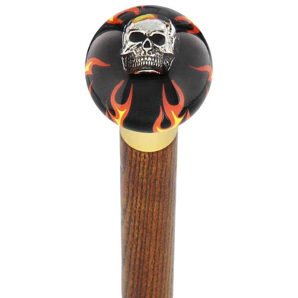 Fire & Brimstone Skull Black Round Knob Cane w/ Custom Wood Shaft & Collar