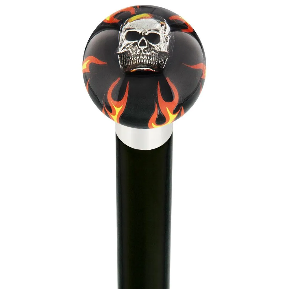 Fire & Brimstone Skull Black Round Knob Cane w/ Custom Wood Shaft & Collar