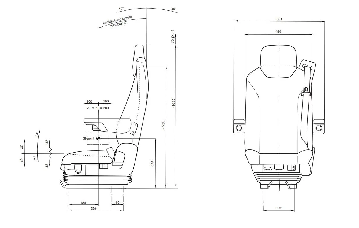 ISRI 6830KM/870 NTS Dual Armrest - LIEBHERR - Black Cloth - 3PT Seat Belt & 24v Compressor