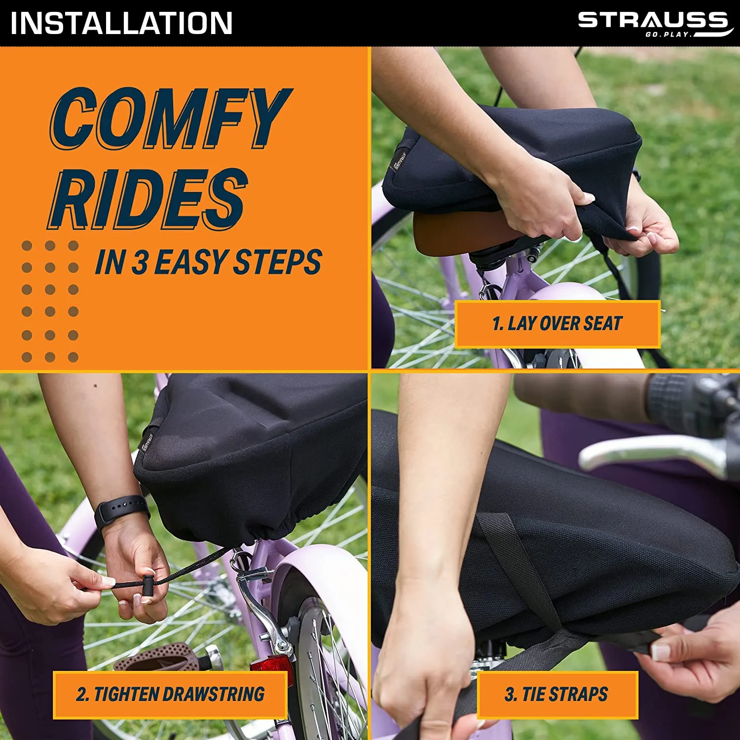 STRAUSS Bicycle Standard Saddle Foam Seat Cover with Anti-Slip Granules & Soft, Thick Padding | Superior Comfort, Breathable Design | Comes with Adjustable Rope Straps & Fits all Cycles, (Black)