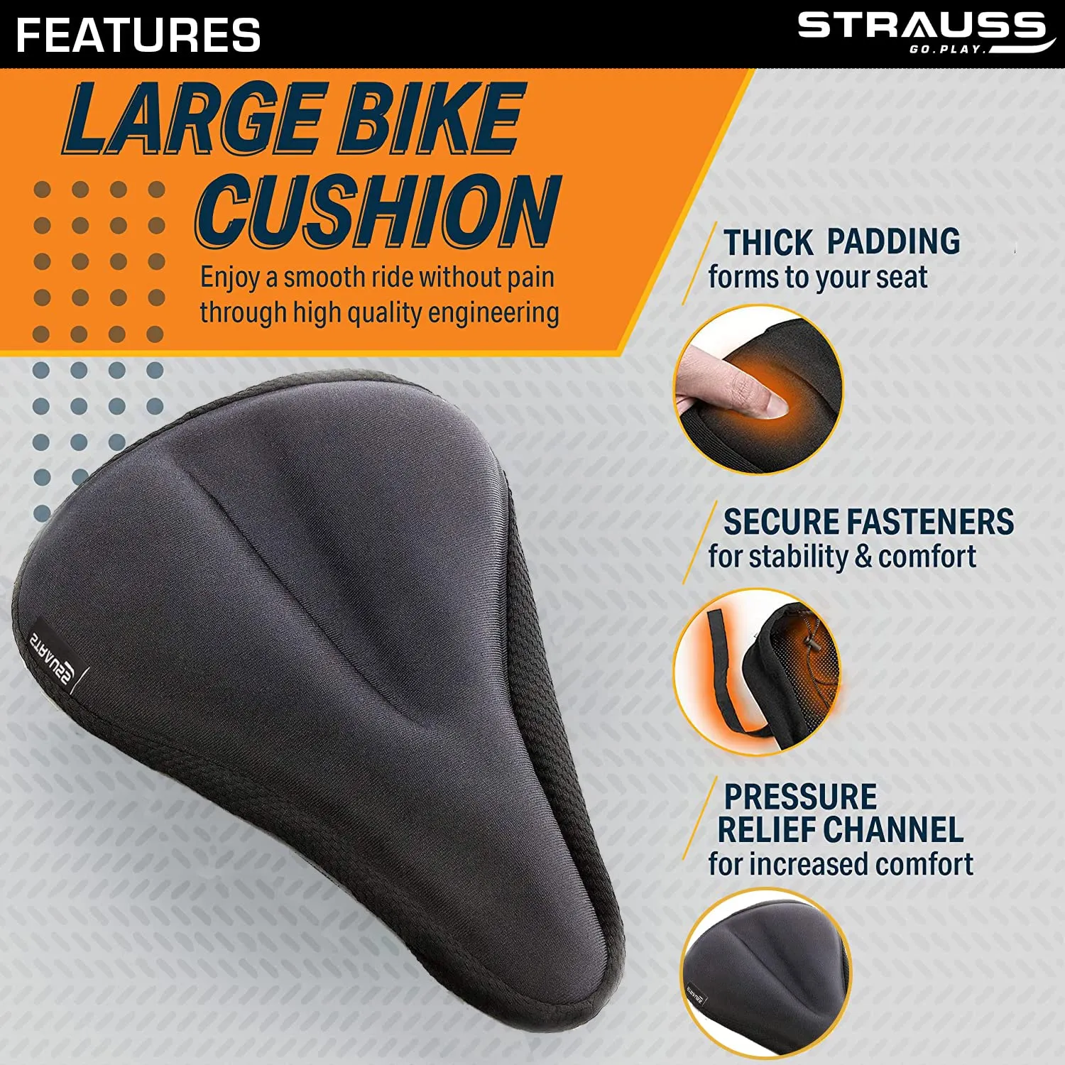 STRAUSS Bicycle Standard Saddle Foam Seat Cover with Anti-Slip Granules & Soft, Thick Padding | Superior Comfort, Breathable Design | Comes with Adjustable Rope Straps & Fits all Cycles, (Black)