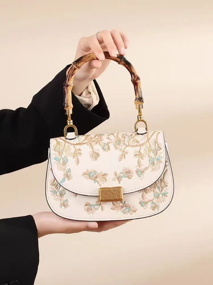Women's Bamboo Handle Embroidery Detail Cross-body Bag