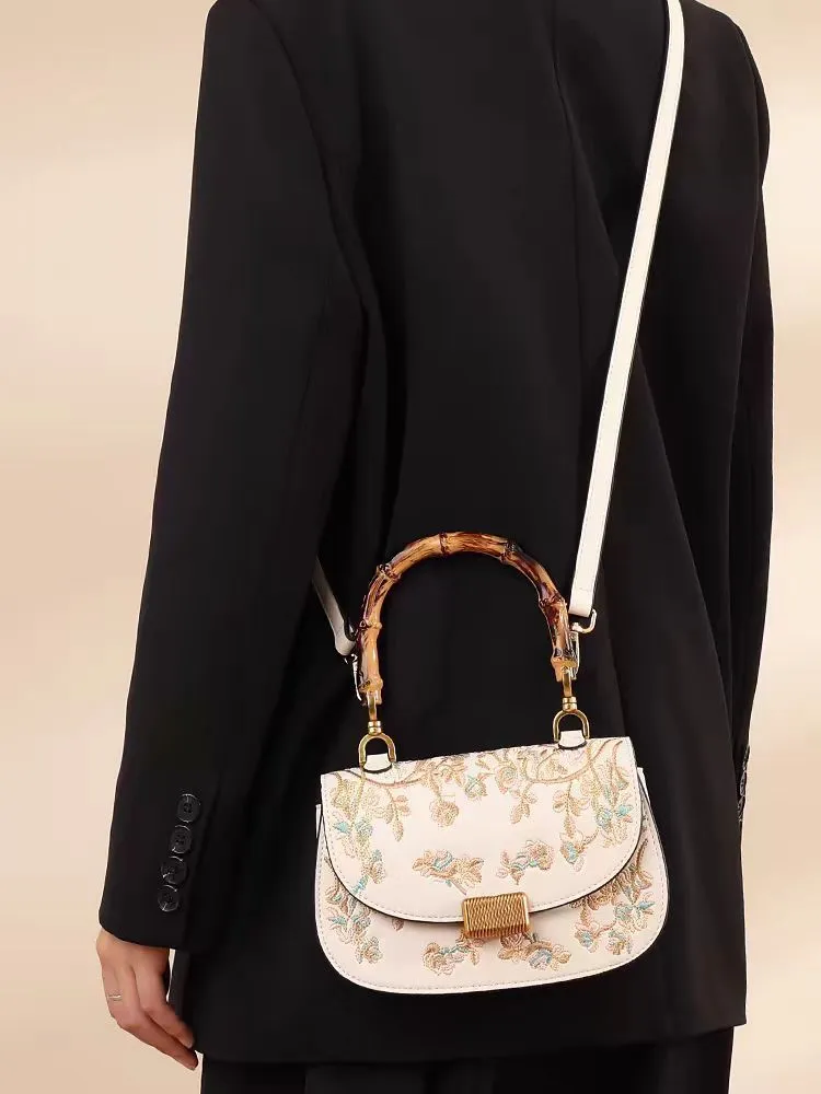 Women's Bamboo Handle Embroidery Detail Cross-body Bag