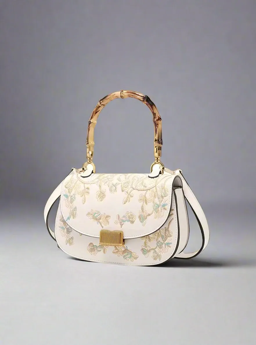 Women's Bamboo Handle Embroidery Detail Cross-body Bag