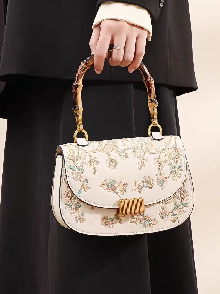 Women's Bamboo Handle Embroidery Detail Cross-body Bag