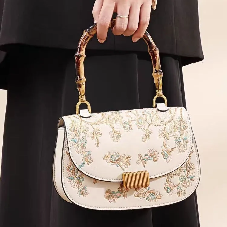 Women's Bamboo Handle Embroidery Detail Cross-body Bag